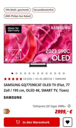 [Tiefpreis] SAMSUNG OLED 77 Zoll - GQ77S90CAT Inkl. 300€ Cashback + 400€ Hue-Gutschrift (1759,78€ Möglich)