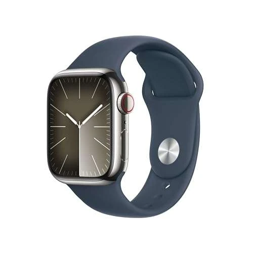 Apple Watch Series 9 GPS + Cellular, 41 Mm Edelstahlgehäuse Silber, Sportarmband Sturmblau – S/M