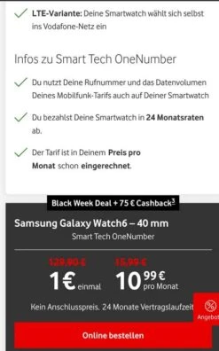 (mein Vodafone App) Galaxy Watch 6 40 Mm LTE Abzüglich Cashback 189,76 Euro