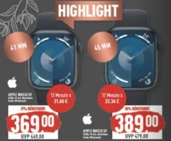 (Lokal Dülmen, Marktkauf) Apple Watch Series 9 GPS, Farbe Mitternacht, 41mm Für 369€, 45mm Für 389€
